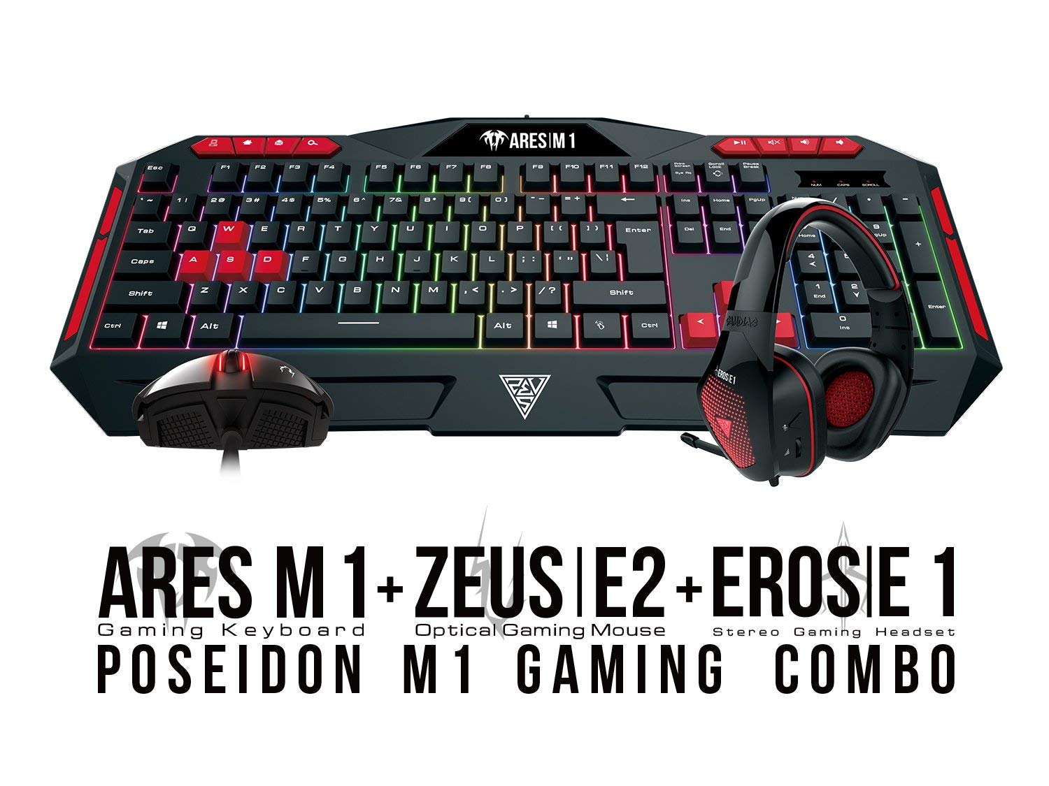 GAMDIAS Poseidon M1 Gaming Combo, Ares M1 Membrane Keyboard with Zeus E2 optical Mouse and Eros E1 Headset (Poseidon M1)
