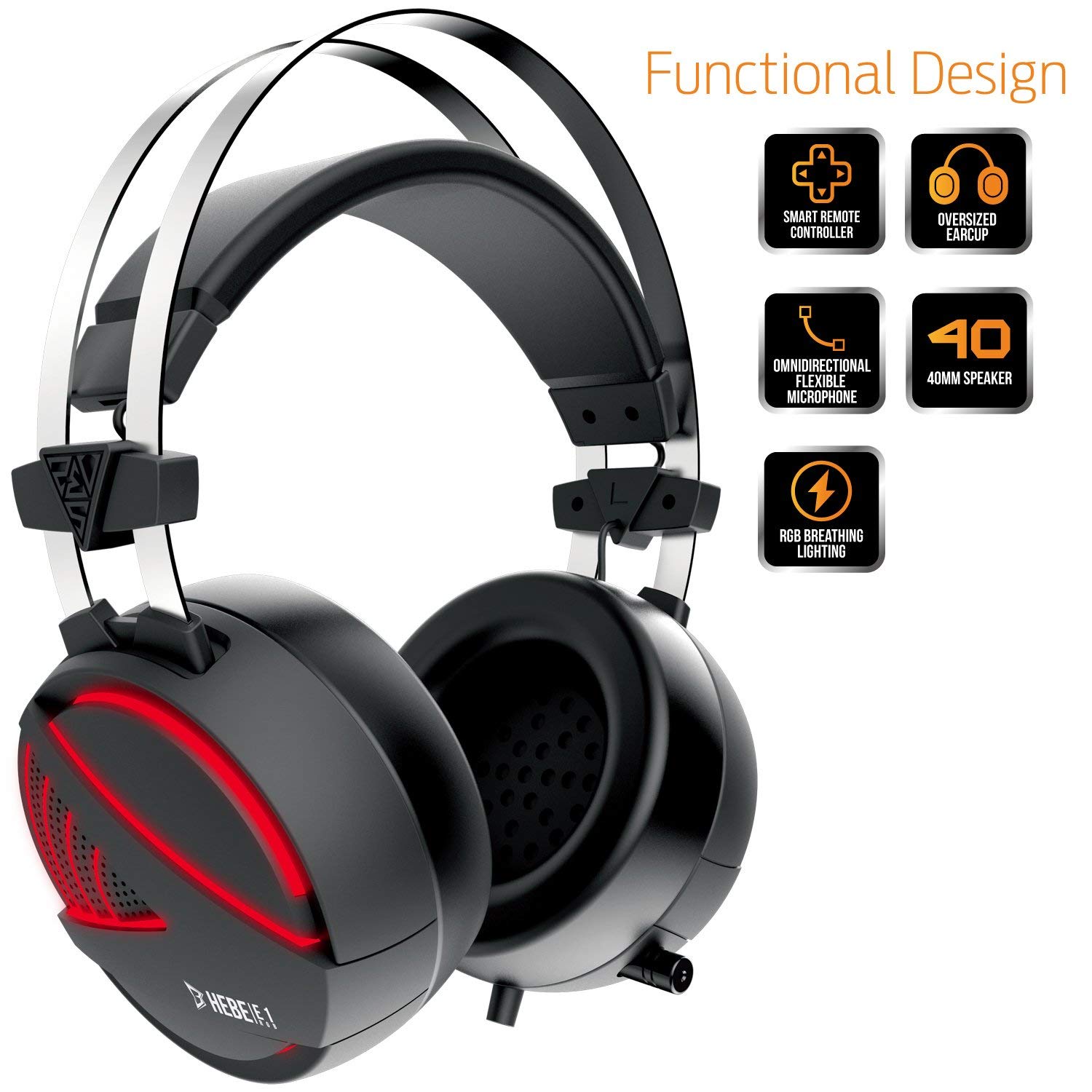 GAMDIAS Gaming Headset with USB/3.5mm Jack, 40mm Drivers, In-line Remote and RGB Lighting (HEBE E1)